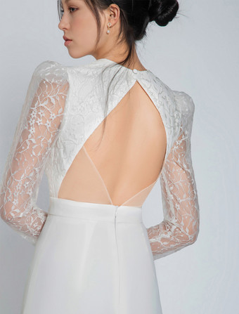 アイボリーブライダルジャンプスーツ ストレッチクレープレース フロアレングス Aライン Vネック 長袖 ウエスト上げ ウェディングジャンプスーツ 無料カスタマイズ