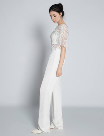 ツーピースウェディングドレス レース レース ジュエルネック ツーピース フロアレングス バックレス ショートスリーブ アイボリー