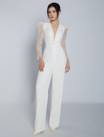 アイボリーブライダルジャンプスーツ ストレッチクレープレース フロアレングス Aライン Vネック 長袖 ウエスト上げ ウェディングジャンプスーツ 無料カスタマイズ