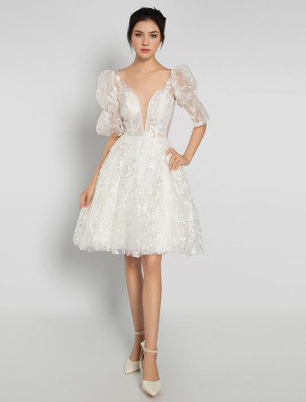 ショート ウェディングドレス 2025年 Vネック ノースリーブ Aライン ブライダルドレス 自由なカスタマイズ