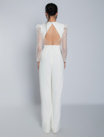 アイボリーブライダルジャンプスーツ ストレッチクレープレース フロアレングス Aライン Vネック 長袖 ウエスト上げ ウェディングジャンプスーツ 無料カスタマイズ