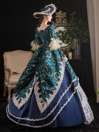 ロココレトロコスチューム女性レースフリルジャカードマリーアントワネットコスチュームマスカレードボールガウン