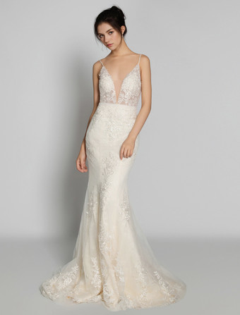 ヌード ビーチ ウェディングドレス ノースリーブ Vネック レース ブライダルドレス 自由なカスタマイズ