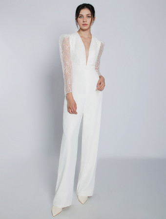 アイボリーブライダルジャンプスーツ ストレッチクレープレース フロアレングス Aライン Vネック 長袖 ウエスト上げ ウェディングジャンプスーツ 無料カスタマイズ