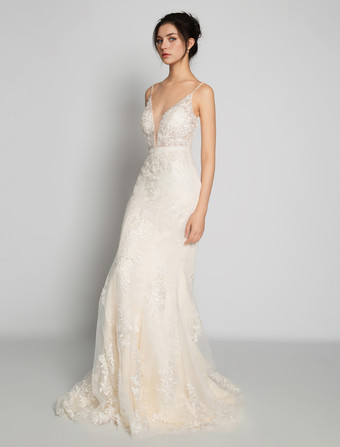 ヌード ビーチ ウェディングドレス ノースリーブ Vネック レース ブライダルドレス 自由なカスタマイズ