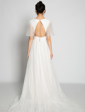 Abiti da Sposa Semplici Avorio maniche corte di poliestere con scollo a V svasata Abito da Sposa Semplice