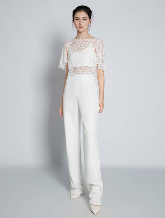 ツーピースウェディングドレス レース レース ジュエルネック ツーピース フロアレングス バックレス ショートスリーブ アイボリー