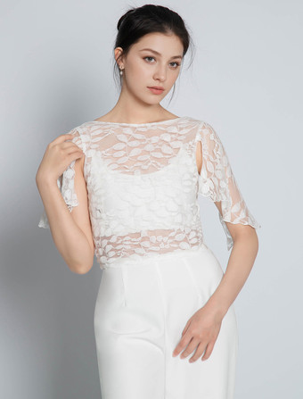 ツーピースウェディングドレス レース レース ジュエルネック ツーピース フロアレングス バックレス ショートスリーブ アイボリー