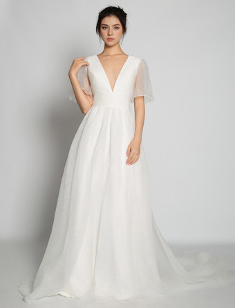 Abiti da Sposa Semplici Avorio maniche corte di poliestere con scollo a V svasata Abito da Sposa Semplice