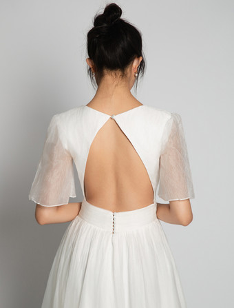 Abiti da Sposa Semplici Avorio maniche corte di poliestere con scollo a V svasata Abito da Sposa Semplice