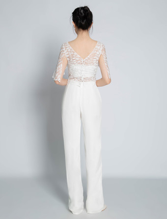 ツーピースウェディングドレス レース レース ジュエルネック ツーピース フロアレングス バックレス ショートスリーブ アイボリー