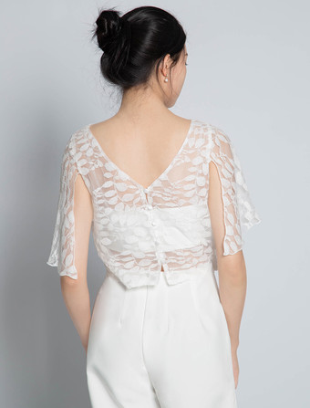 ツーピースウェディングドレス レース レース ジュエルネック ツーピース フロアレングス バックレス ショートスリーブ アイボリー