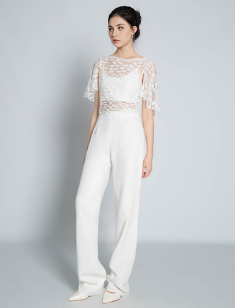 ツーピースウェディングドレス レース レース ジュエルネック ツーピース フロアレングス バックレス ショートスリーブ アイボリー