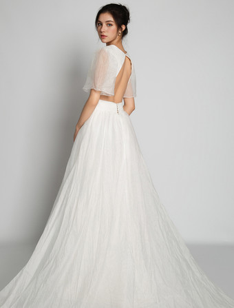 Abiti da Sposa Semplici Avorio maniche corte di poliestere con scollo a V svasata Abito da Sposa Semplice