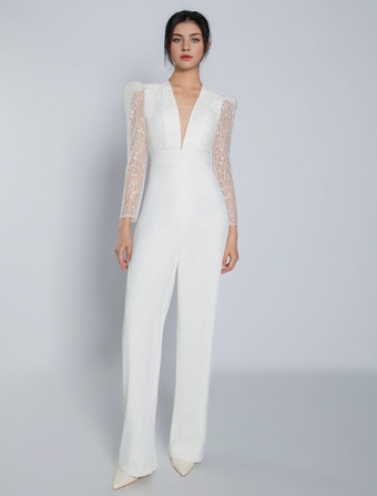 ホワイトアイボリーブライダルジャンプスーツ ストレッチクレープレース フロアレングス Aライン Vネック 長袖 ウエスト上げ ウェディングジャンプスーツ 無料カスタマイズ