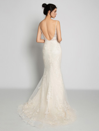 ヌード ビーチ ウェディングドレス ノースリーブ Vネック レース ブライダルドレス 自由なカスタマイズ