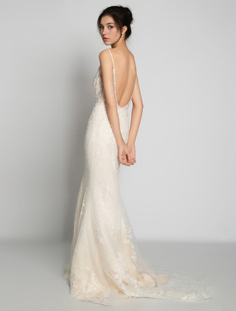 ヌード ビーチ ウェディングドレス ノースリーブ Vネック レース ブライダルドレス 自由なカスタマイズ