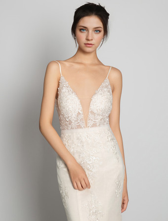 ヌード ビーチ ウェディングドレス ノースリーブ Vネック レース ブライダルドレス 自由なカスタマイズ