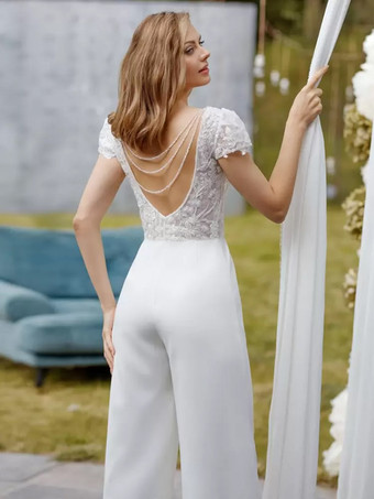 ブライダルジャンプスーツ サテン生地 レース 床長さのジャンプスーツ Vネック 半袖 ナチュラルウエスト アイボリー