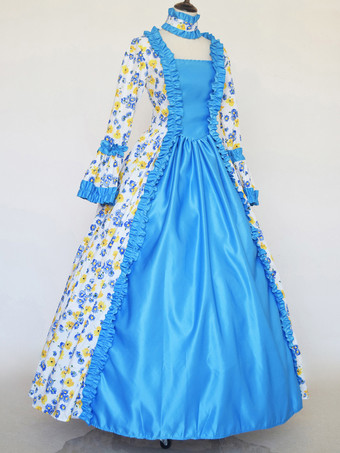 ベビーブルー レトロコスチューム 女の子用 タトゥープリント レースアップ サテン生地セット チョーカードレス ゴシック マリーアントワネット コスチューム 18世紀コスチューム