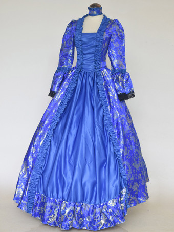 ブルー レトロ コスチューム レースアップ サテン生地 花柄 チョーカー マリー アントワネット コスチューム レディース ゴシック セット ヴィンテージ クロージング