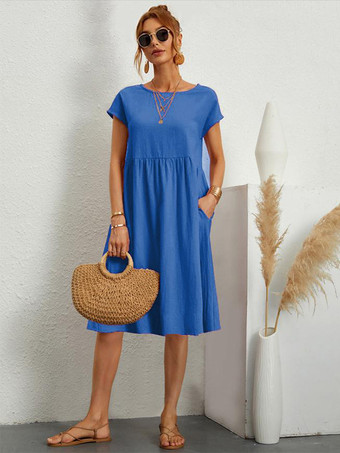 ブルー シフトドレス 半袖 カジュアル ジュエルネック ハンターグリーン チュニックドレス