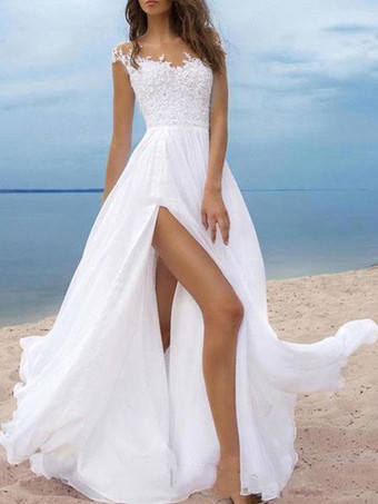 A Linie Brautkleid Weiß Beach Brautkleider Chiffon V-Ausschnitt Kurzarm A Linie Hochzeitskleid