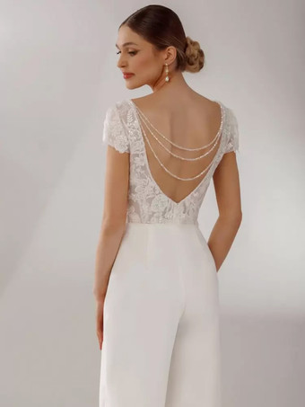 ブライダルジャンプスーツ サテン生地 レース 床長さのジャンプスーツ Vネック 半袖 ナチュラルウエスト アイボリー