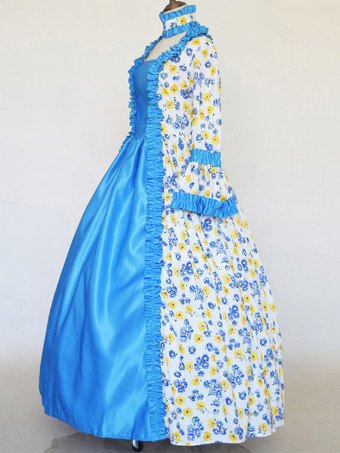 ベビーブルー レトロコスチューム 女の子用 タトゥープリント レースアップ サテン生地セット チョーカードレス ゴシック マリーアントワネット コスチューム 18世紀コスチューム