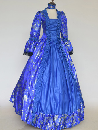 ブルー レトロ コスチューム レースアップ サテン生地 花柄 チョーカー マリー アントワネット コスチューム レディース ゴシック セット ヴィンテージ クロージング