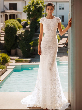 ホワイトウェディングドレス スイープ マーメイド 半袖 レース ジュエルネック ブライダルドレス