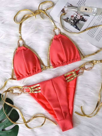 ビキニ カットアウト メタルエフェクト ストラップ リングディテール クリスタル 2点セット