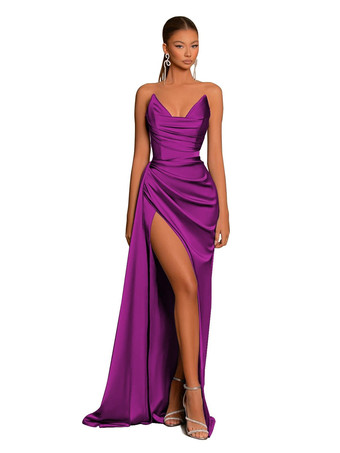 マゼンタイブニングドレス マーメイド Vネック サテン生地 トレーン付き フォーマル パーティードレス