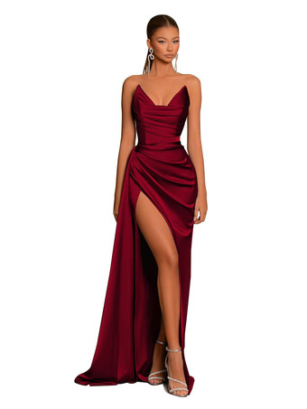 バーガンディーイブニングドレス マーメイド Vネック サテン生地 トレーン付き フォーマル パーティードレス