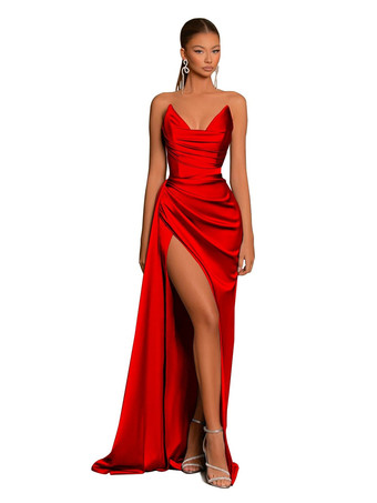 レッド イブニングドレス マーメイド Vネック サテン生地 トレーン付き フォーマル パーティードレス