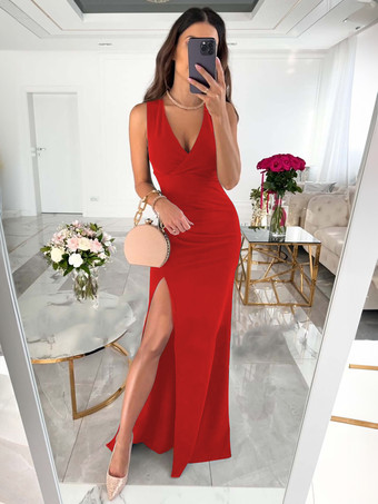 レッド パーティードレス ヌード Vネック プリーツ ノースリーブ ハイスリット セミフォーマルドレス