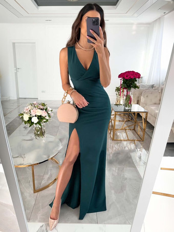 ダークグリーンパーティードレス ヌード Vネック プリーツ ノースリーブ ハイスリット セミフォーマルドレス