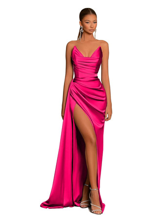 ローズレッドイブニングドレス マーメイド Vネック サテン生地 トレーン付き フォーマル パーティードレス