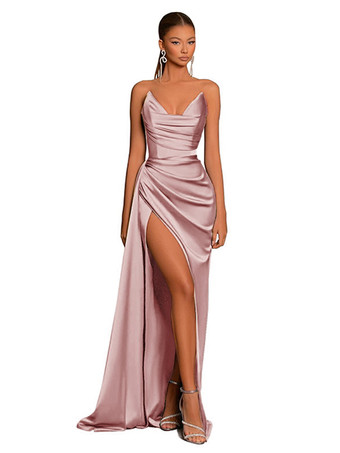 サーモンピンクイブニングドレス マーメイド Vネック サテン生地 トレーン付き フォーマル パーティードレス