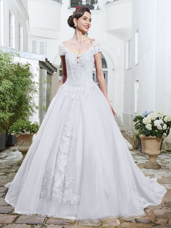 ホワイト赤いウェディングドレス チュール ブライダルドレス アップリケ イブニングパーティードレス 無料カスタマイズ