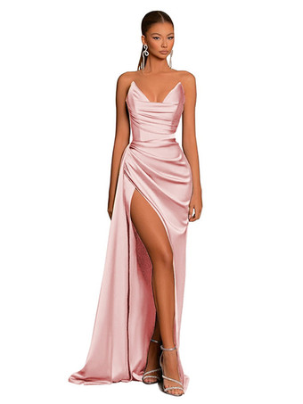 ソフトピンクイブニングドレス マーメイド Vネック サテン生地 トレーン付き フォーマル パーティードレス