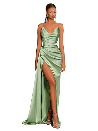 セージグリーンイブニングドレス マーメイド Vネック サテン生地 トレーン付き フォーマル パーティードレス