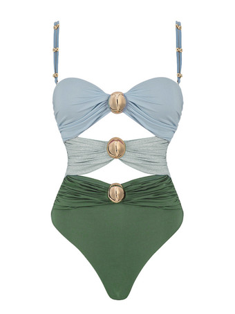 カラーブロック水着 オフショルダー カットアウト メタルディテール バックレス ワンピース水着