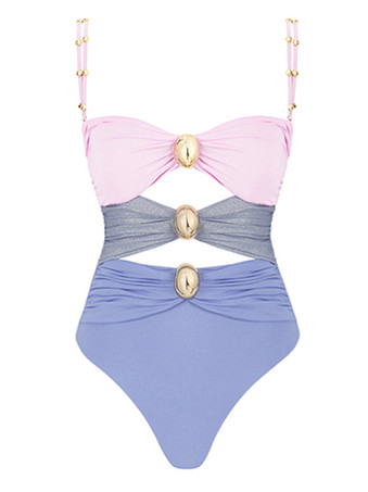 カラーブロック水着 オフショルダー カットアウト メタルディテール バックレス ワンピース水着