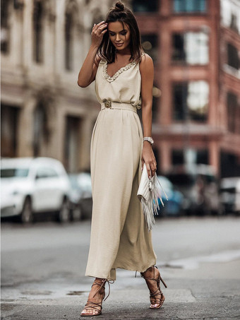 アプリコットボヘミアンドレス フリル Vネック ベルト付き ノースリーブ 夏 カジュアル マキシドレス