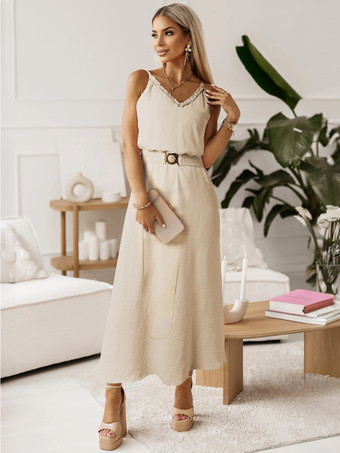 ボヘミアンドレス フリル Vネック ベルト付き ノースリーブ 夏 カジュアル マキシドレス