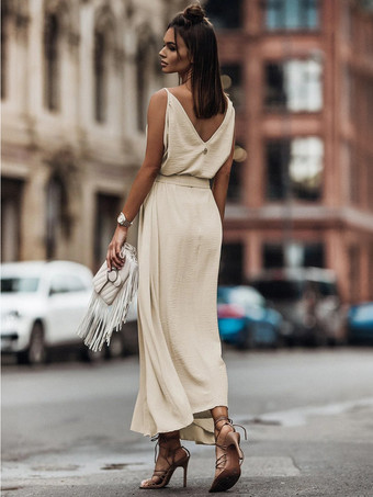 ボヘミアンドレス フリル Vネック ベルト付き ノースリーブ 夏 カジュアル マキシドレス