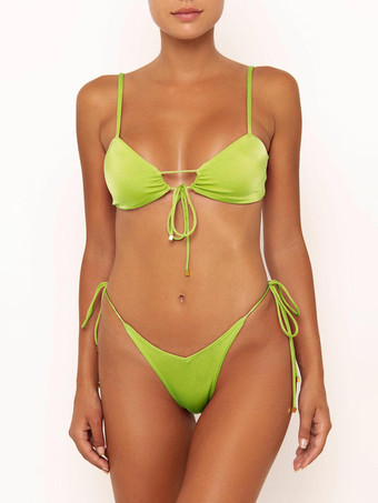 グリーン セクシーなビキニ スパゲッティストラップ レースアップ タイサイド ソング パンティー 2点セット