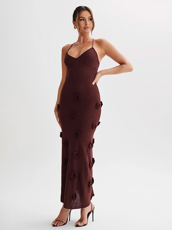 ボディコンドレス 3Dフラワースパゲッティストラップホルターバックレスバケーションマキシドレス