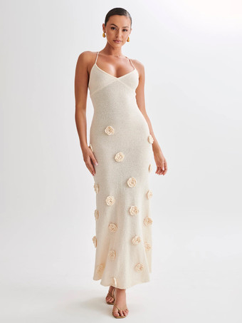 ボディコンドレス 3Dフラワースパゲッティストラップホルターバックレスバケーションマキシドレス